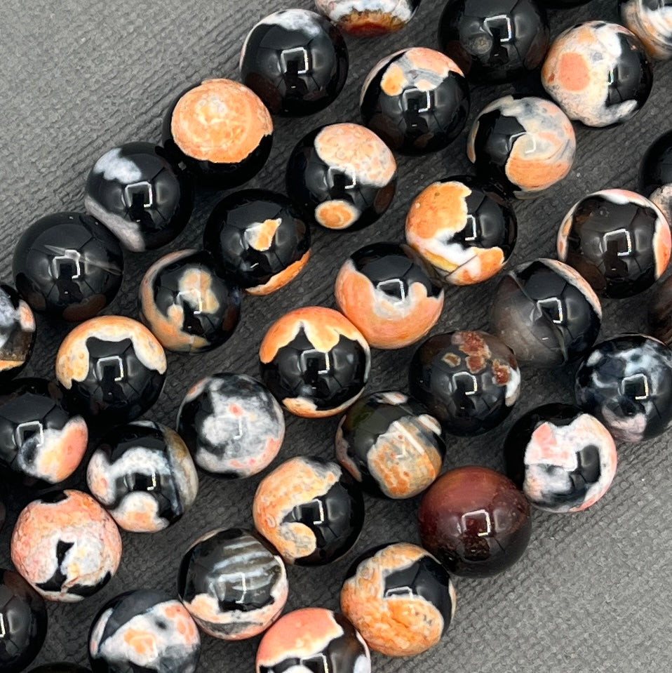 Natural 8mm Fire Crackle Agate Black/Light Orange Smooth Round Gemstone Strand of Beads