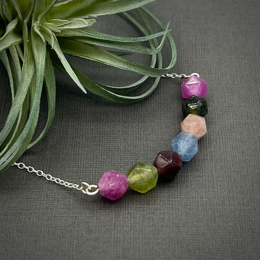 Hand Made Sterling Silver Faceted Genuine Tourmaline Gemstone Bar Necklace