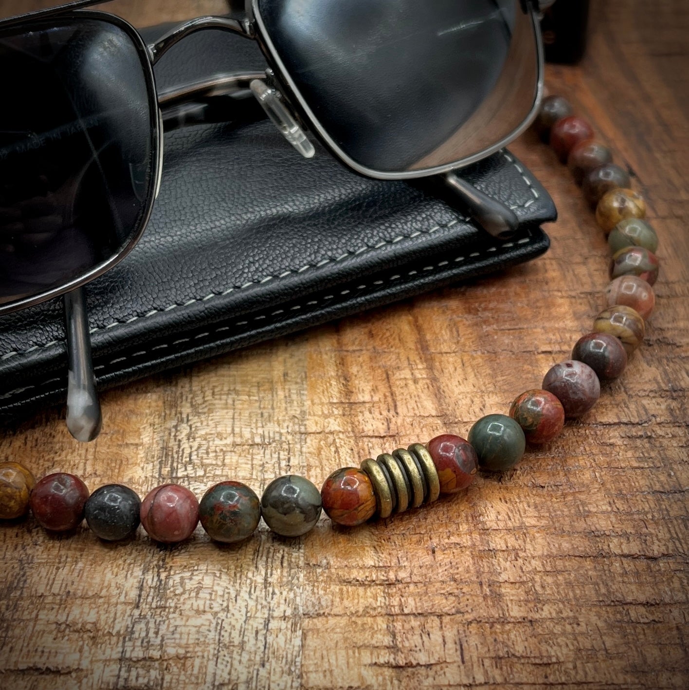 Men’s Masculine Beaded Collar Length Red Creek Jasper/Picasso Jasper Gemstone Necklace