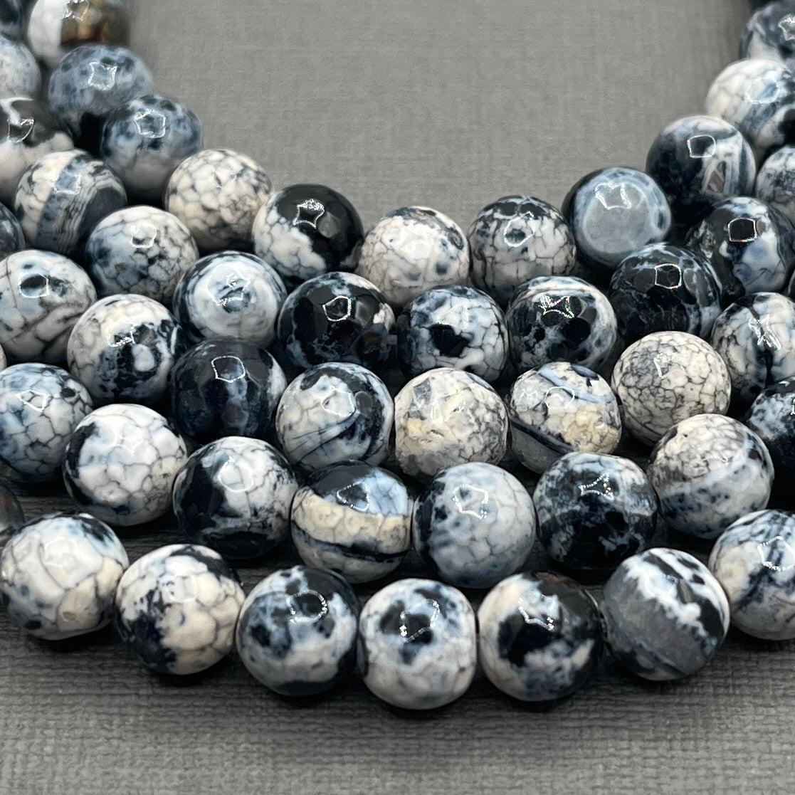 Natural 8mm Faceted Round Black Fire Crackle Agate Strand of Beads