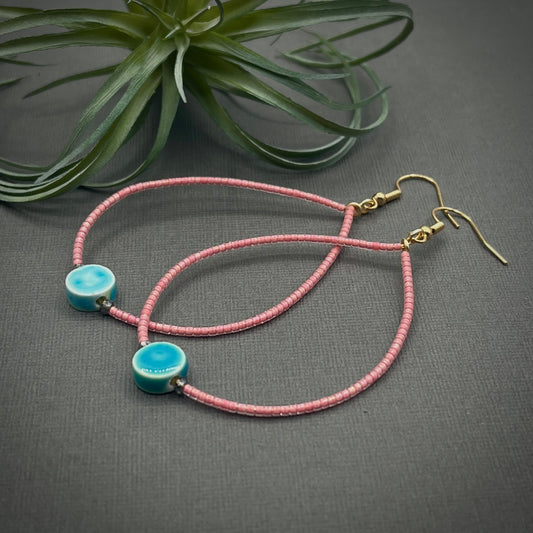 Small or Large Teardrop Pink and Blue/Green Beaded Earrings