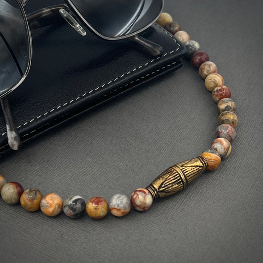 Men’s Masculine Beaded Collar Length Crazy Lace Agate Gemstone Necklace