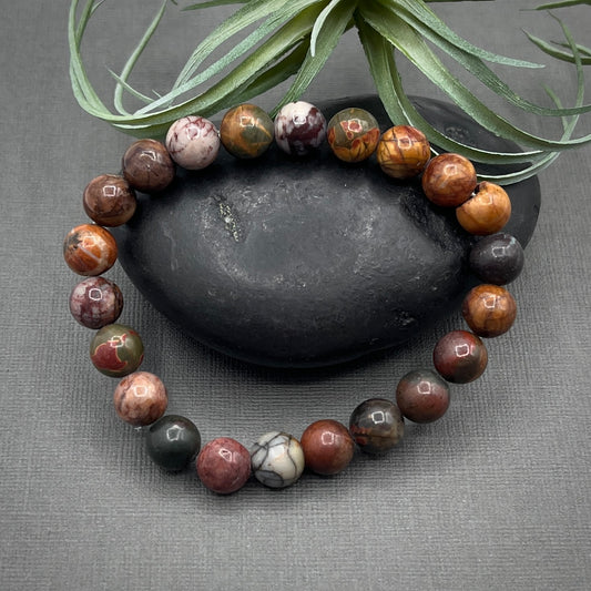 B2G1F Picasso Jasper Gemstone 8mm Smooth Round Beaded Stretch Bracelet, Red Creek Jasper